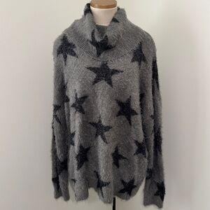 Show Me Your Mumu Large Fatima Turtleneck Sweater Gray Black Stars Soft Fuzzy